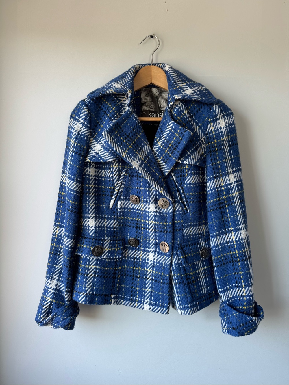 Kensie Blue White Plaid Double-Breasted Peacoat